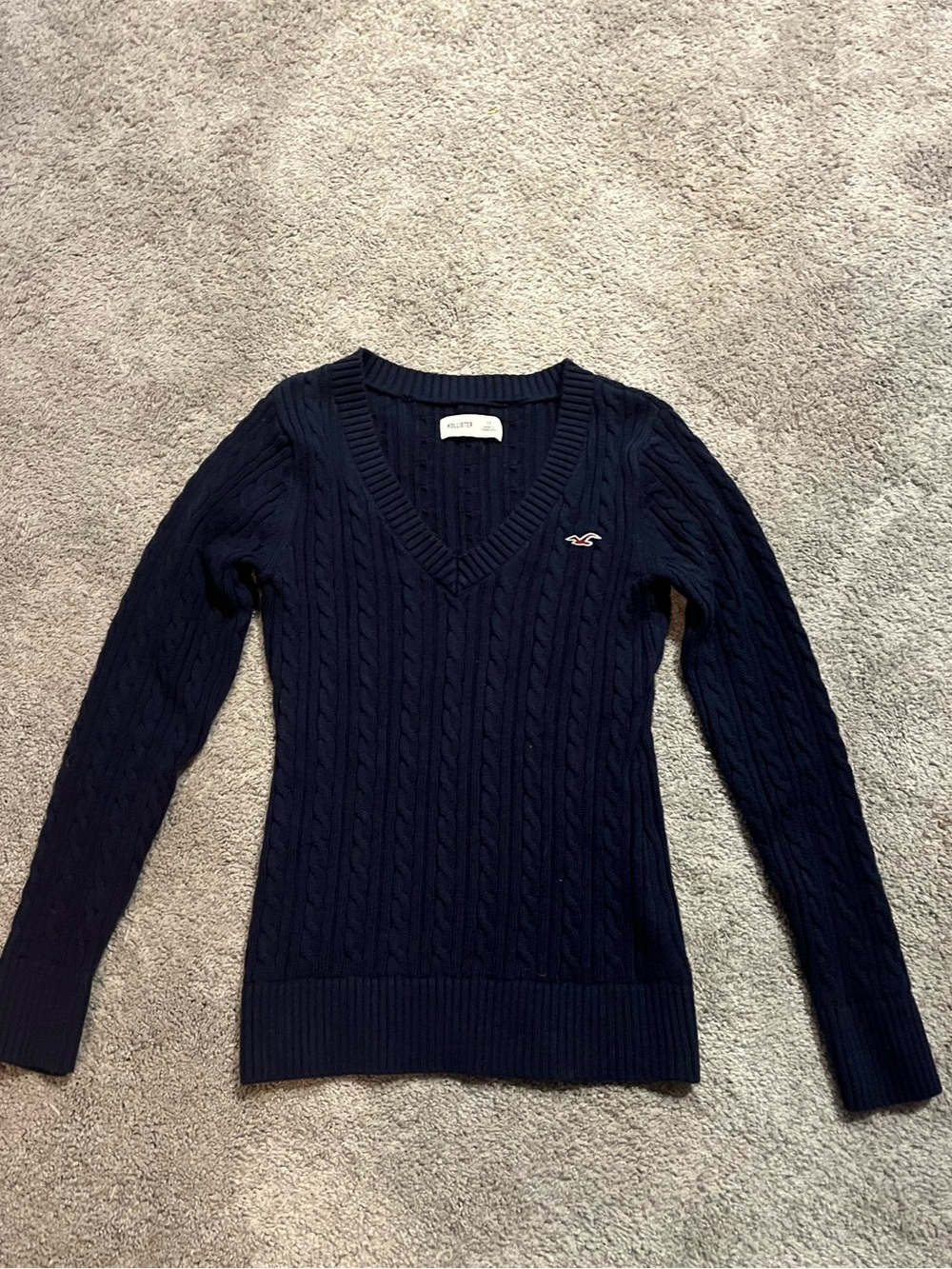 Hollister Dark Navy Cable-Knit V-Neck Sweater